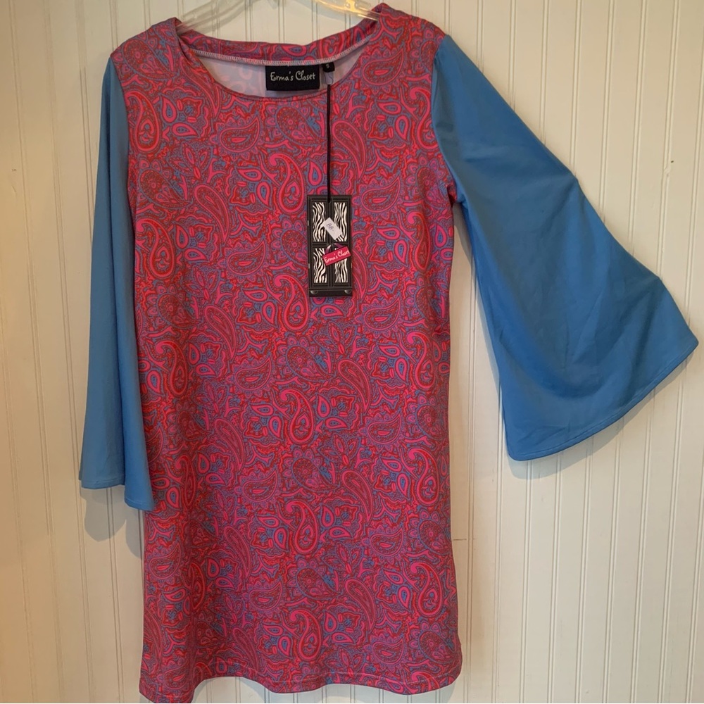Erma’s Closet Paisley Dress (Small) with Belled Blue Sleeves